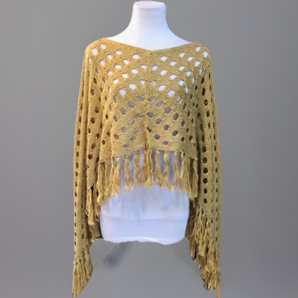 Camel Fringe Poncho Shawl Cape ONE SIZE
